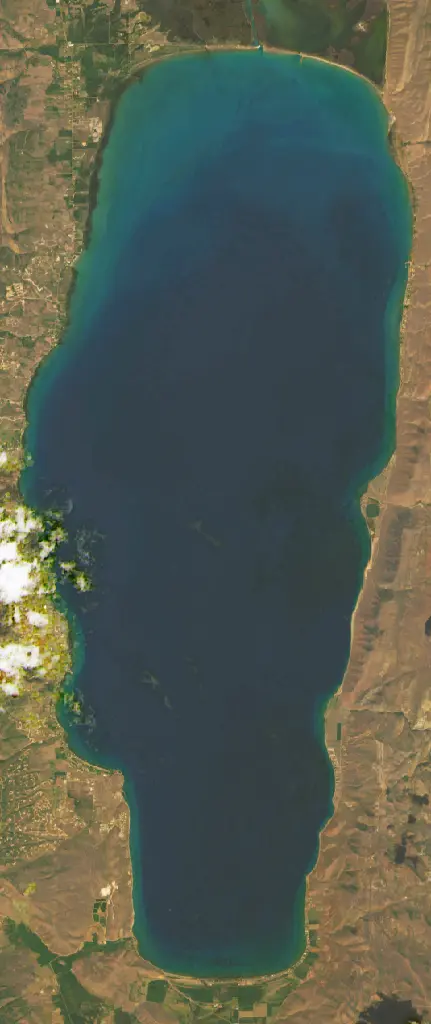 Satellite view of Bear Lake, deep blue against the surrounding valley