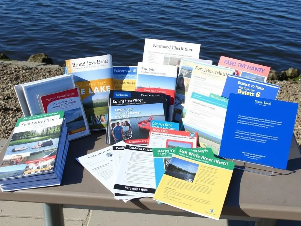 Educational materials displayed on a table by the lake.