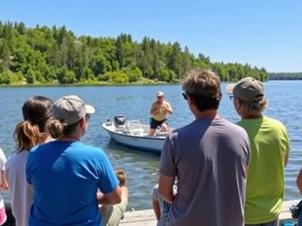 A group attending a lake safety workshop with an instructor demonstrating techniques.