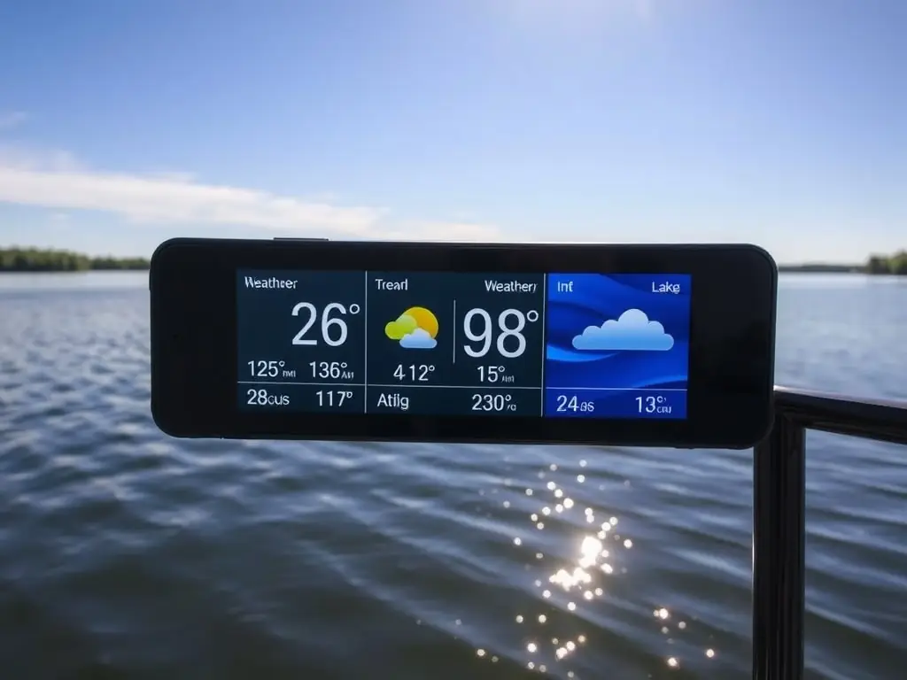 A serene lake with a digital screen showing weather updates.